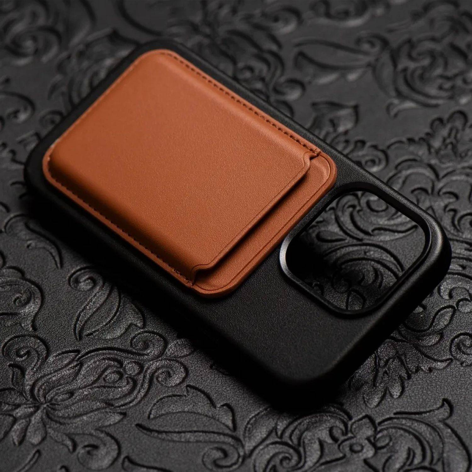 Magnetische Geldbörse aus Leder kompatibel mit Geräten ab iPhone 12 unterstützt MagSafe-Technologie Braun