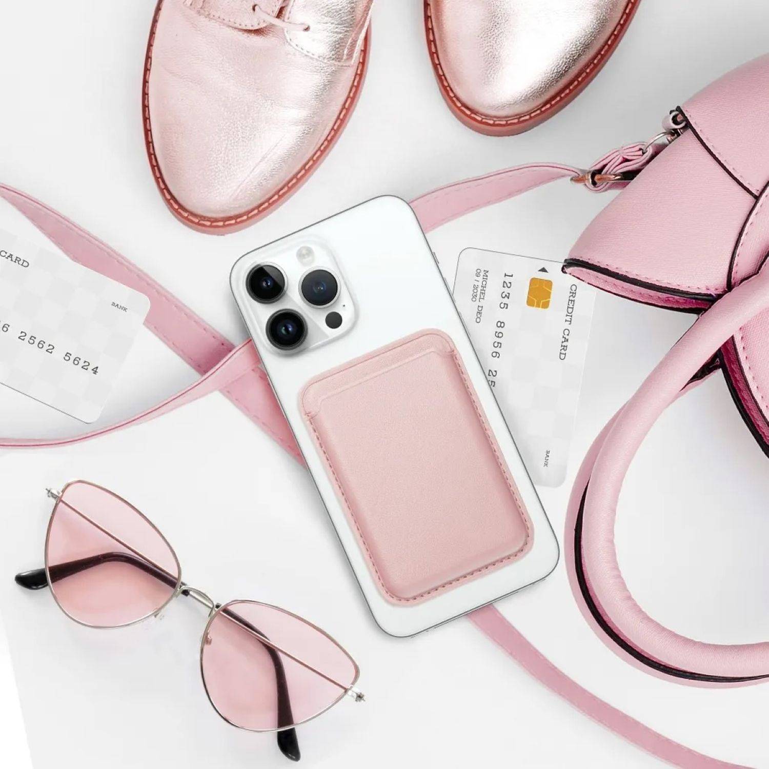 Magnetische Geldbörse aus Leder kompatibel mit Geräten ab iPhone 12 unterstützt MagSafe-Technologie Rosa