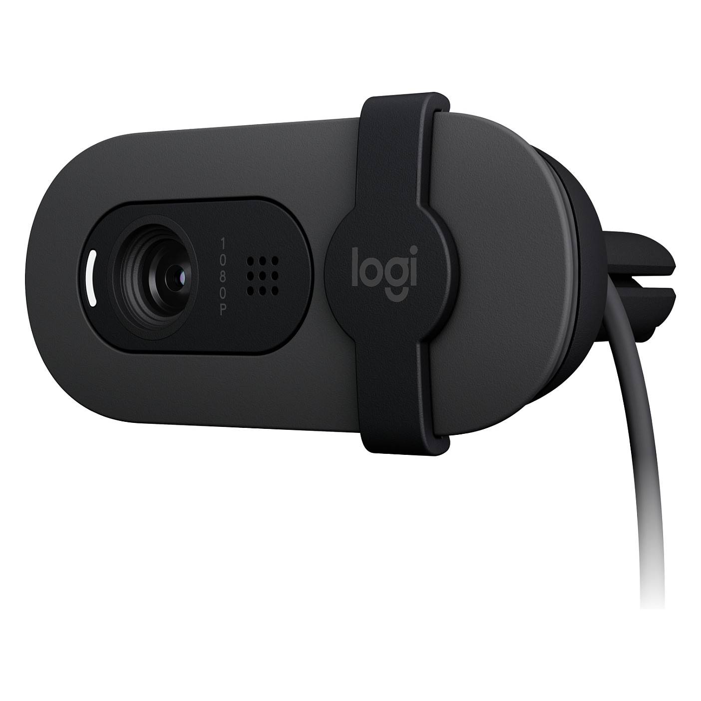 Eine Logitech-Webcam für hochauflösende Videoanrufe, ausgestattet mit einem 1080p-Objektiv und integriertem Mikrofon, umrahmt von einem eleganten, matten Finish.