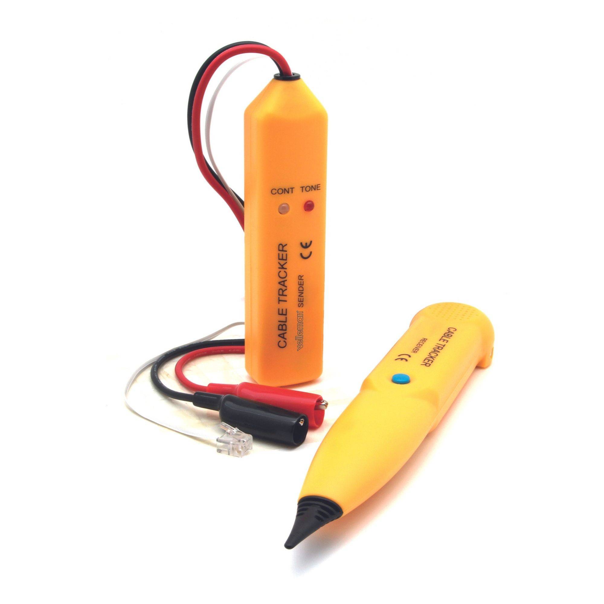 Kabel-Tracker-Set bestehend aus Sender und Empfänger, verwendet zum Aufspüren von Kabeln. Beide Geräte sind orange und verfügen über Tasten und Anzeigen.