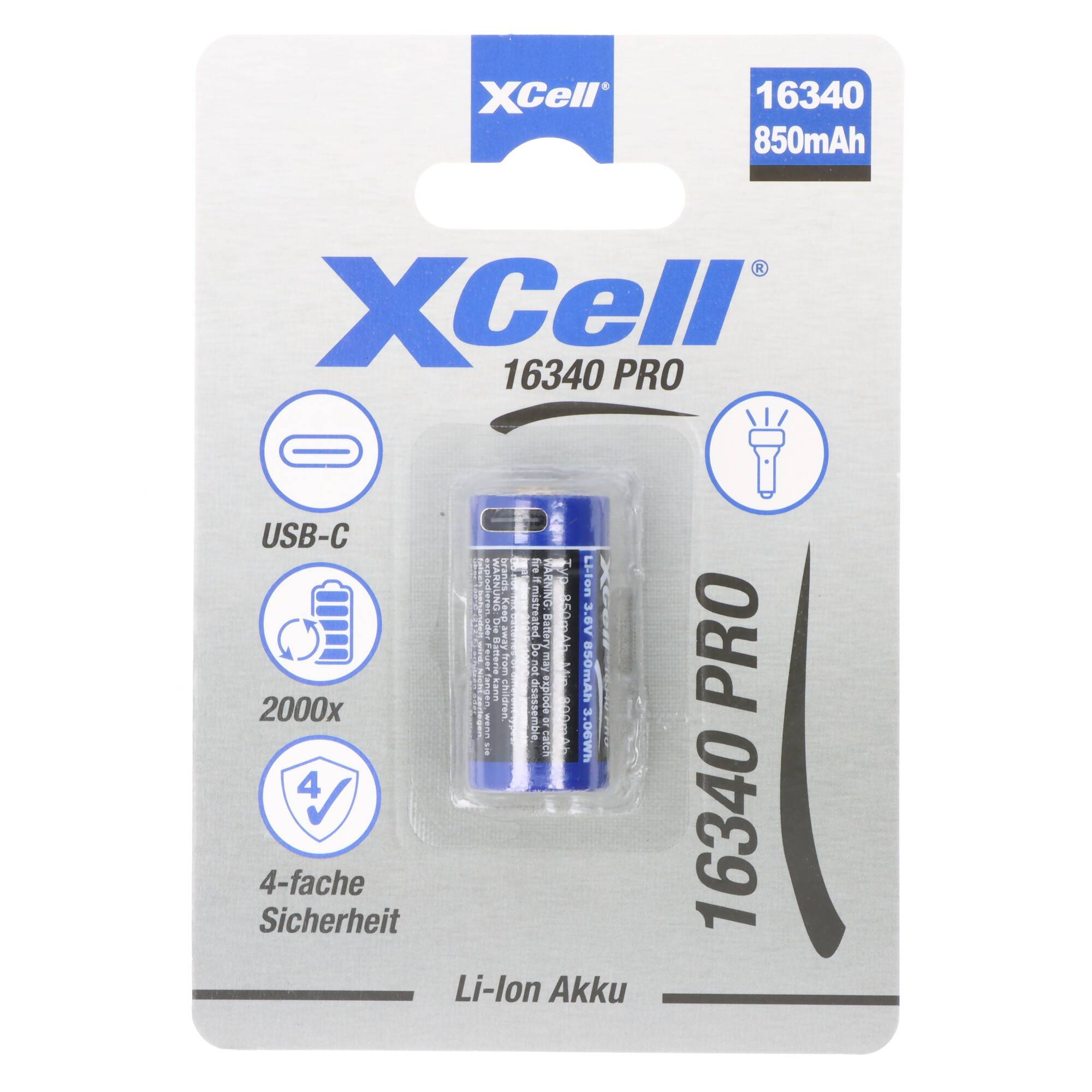 XCell Pro 16340 Li-Ion Akku CR123A geschützter Li-Ion Akku, mit USB-C Ladebuchse, min. 800mAh max. 850mAh, 3,6 Volt