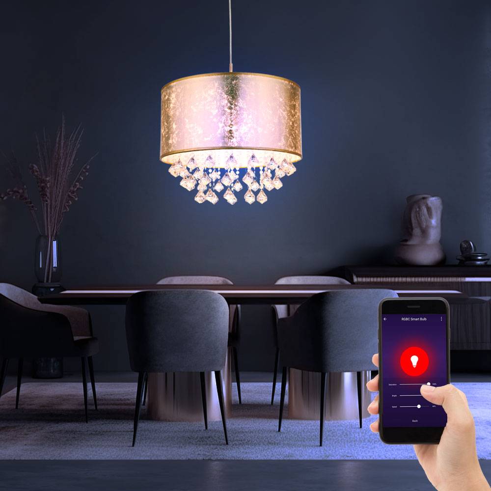 Hängeleuchte Textil gold Pendelleuchte Kristalle Esszimmer Wohnzimmerlampe Pendel, Blattgold Optik, App Steuerung CCT, 1x Smart RGB LED 10W 806Lm