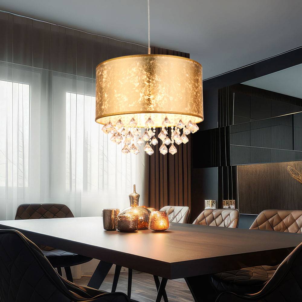 Hängeleuchte Textil gold Pendelleuchte Kristalle Esszimmer Wohnzimmerlampe Pendel, Blattgold Optik, App Steuerung CCT, 1x Smart RGB LED 10W 806Lm