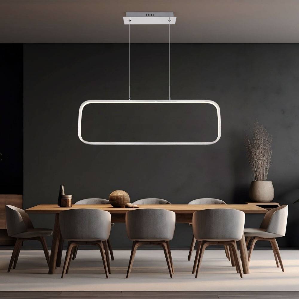 Pendellampe modern Schlafzimmerleuchte silber Hängeleuchte opal, LED Rahmen Rechteck, Metall matt, LED 24W 1400lm 3000K warmweiß, LxBxH 80x10x120 cm