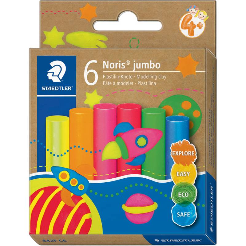 STAEDTLER Noris jumbo Knete-Packung für Kinder ab 3 Jahren, enthält sechs bunte Knetstifte und überzeugt durch Umweltfreundlichkeit und Sicherheit.