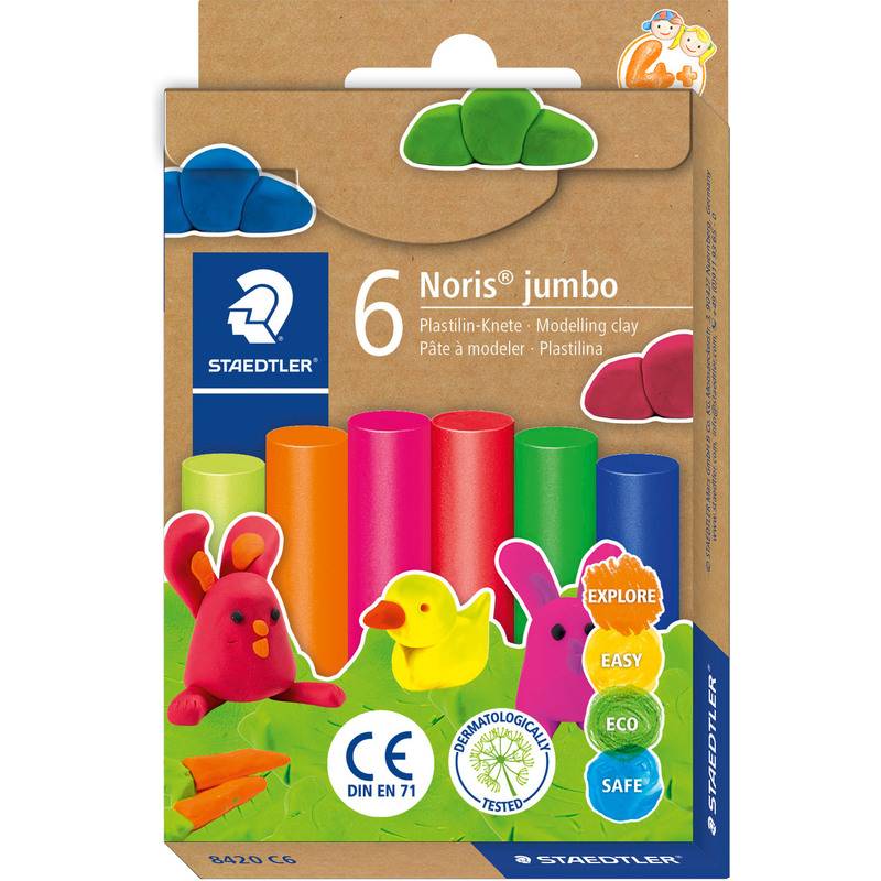 Set mit Modellierknete in sechs lebendigen Farben in einer Staedtler-Box, mit animierten Lehmfiguren und Texthighlights wie ‚Entdecken' und ‚Sicher'.