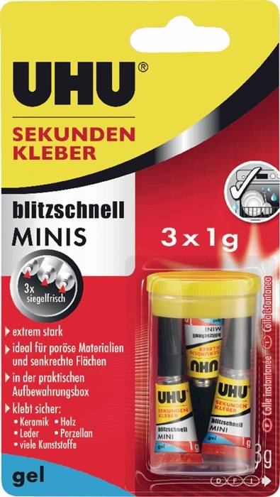 Sekundenkleber blitzschnell MINIS Gel 3x 1g farblos Tube UHU
