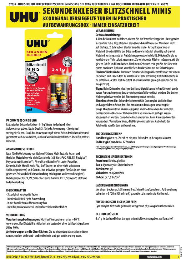 Sekundenkleber blitzschnell MINIS Gel 3x 1g farblos Tube UHU