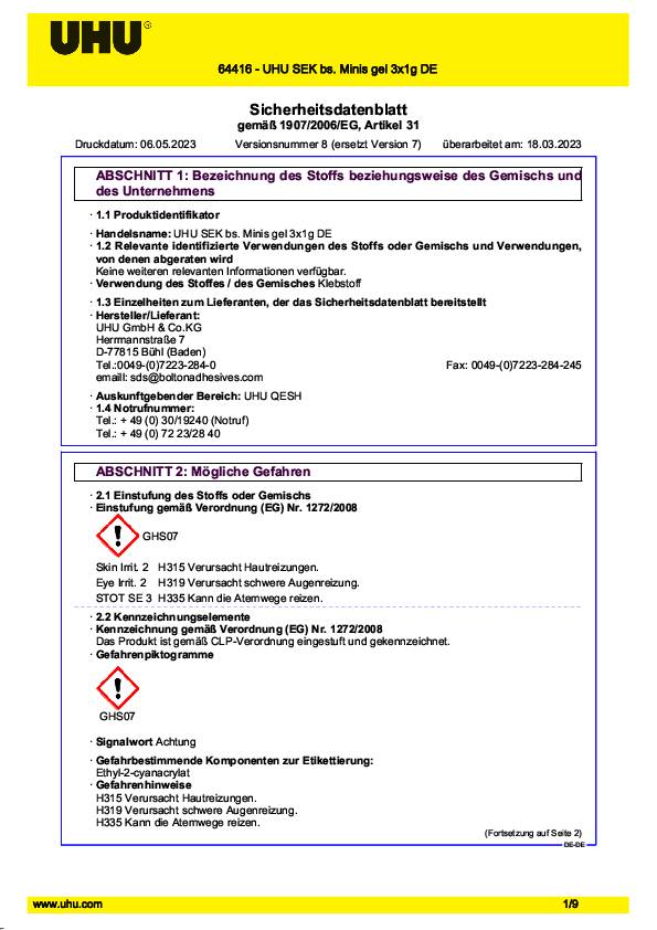 Sekundenkleber blitzschnell MINIS Gel 3x 1g farblos Tube UHU