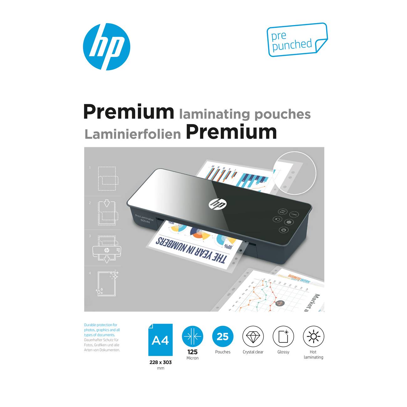 HP Laminierfolien Premium A4 125 Micron 25x mit Lochung Multimedia-Technik