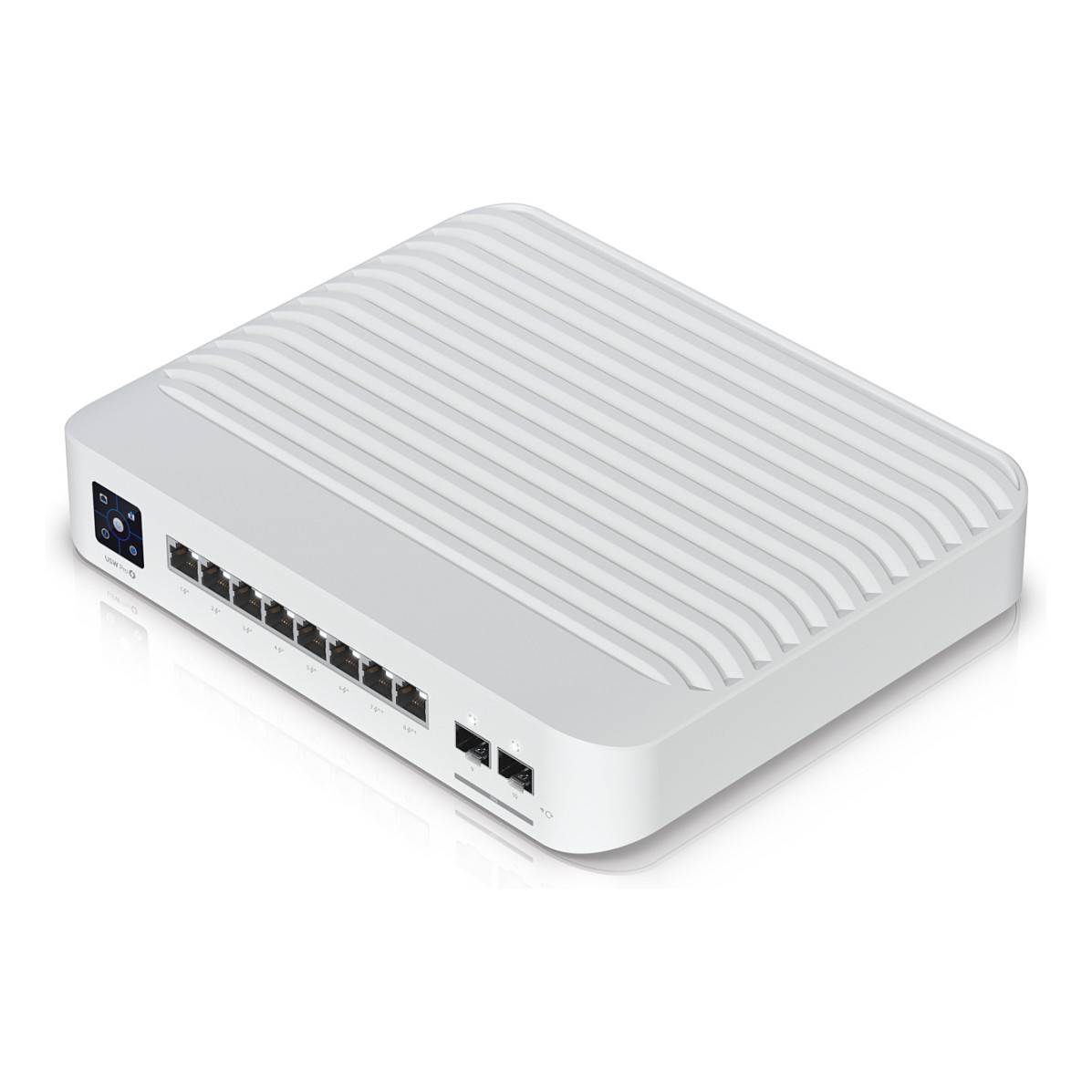 Ein weißer Netzwerk-Switch mit acht Ethernet-Anschlüssen und zwei Faseroptik-Anschlüssen auf einem einfachen Hintergrund. Die Oberseite hat ein geripptes Design zur Kühlung.