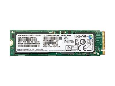 Eine M.2-NVMe-SSD mit 512 GB Kapazität, die Produktetikett-Details einschließlich Seriennummer, Modellnummer und verschiedener Zertifizierungslogos zeigt.