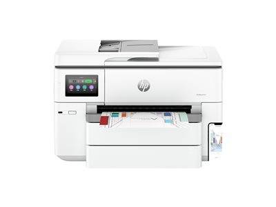 Ein HP-Bürodrucker mit einem digitalen Display druckt ein Farbdokument. Das Papier ist teilweise sichtbar und zeigt farbige Diagramme.