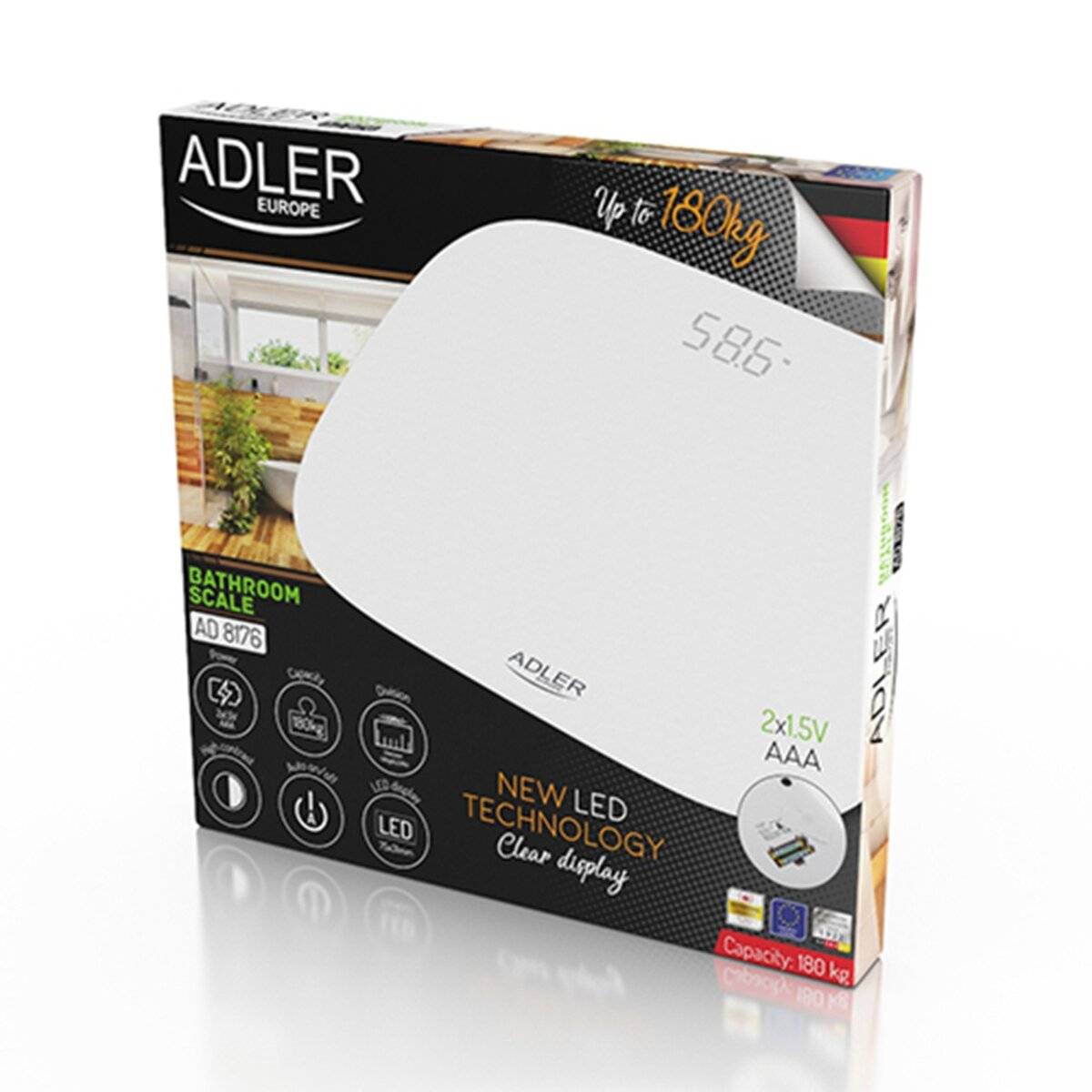 Adler AD 8176 Personenwaage mit LED-Display, bis 180 kg - Digitale Waage in Weiß