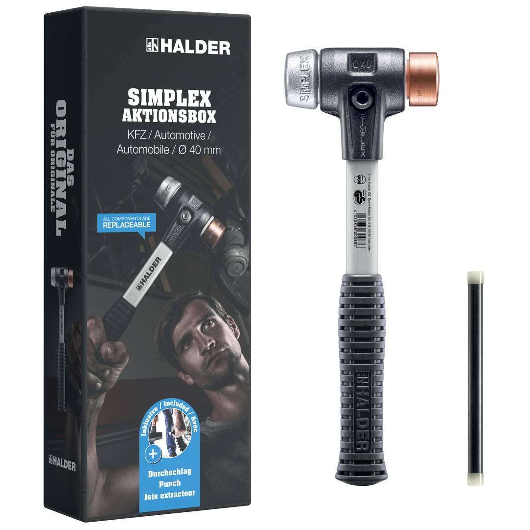 HALDER SIMPLEX Aktionsbox KFZ Schonhammer Ø 40 mm Kupfer / Weichmetall und Durchschlag