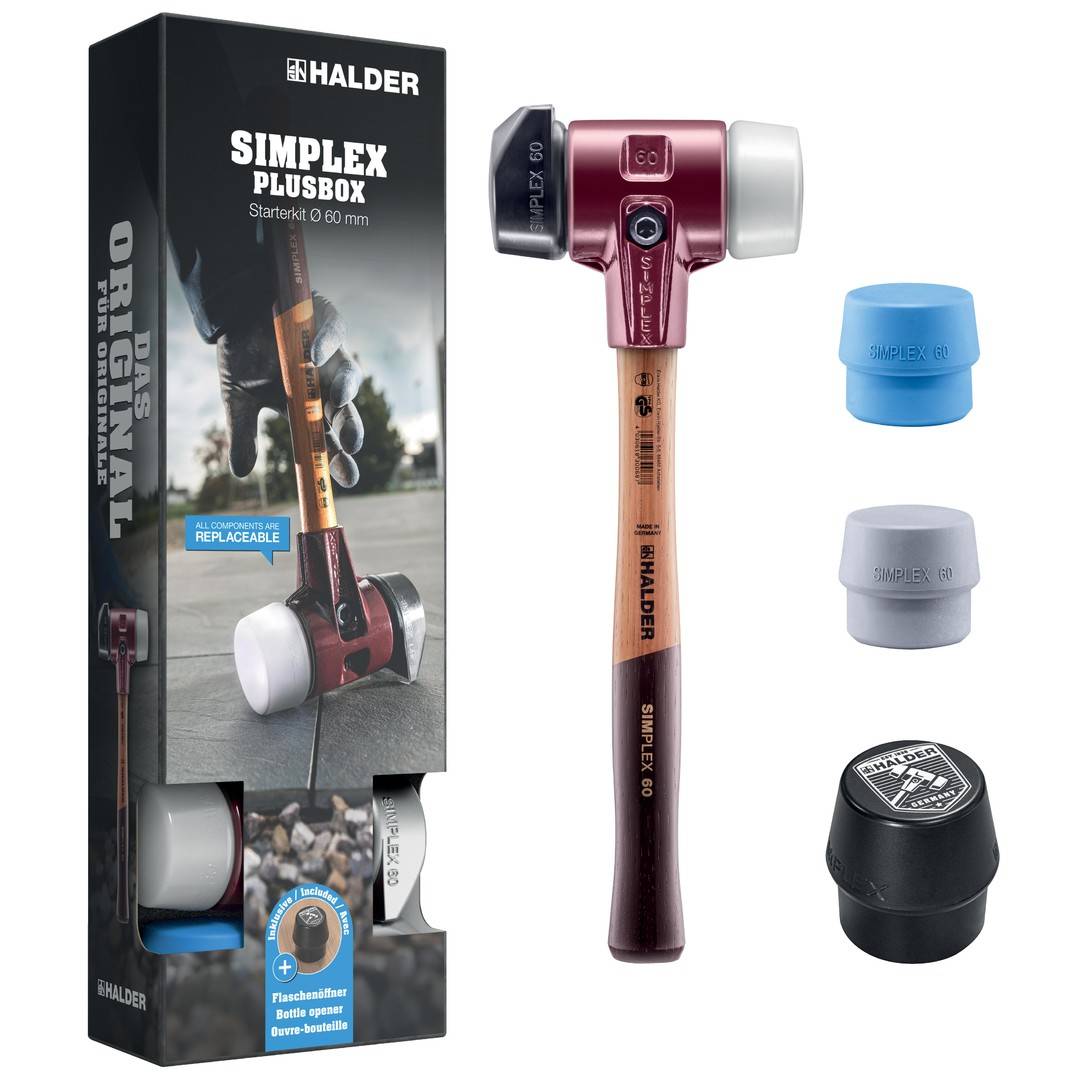 HALDER SIMPLEX Plusbox Starterkit Schonhammer Ø 60 mm Superplastik / TPE-mid / TPE-soft / Gummi mit Standfuß + Flaschenöffner