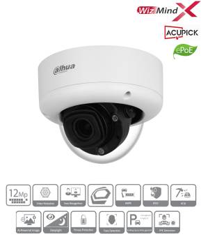 Dahua-Kuppelüberwachungskamera mit WizMind X, AcuPick und ePoE-Logos; Funktionssymbole darunter zeigen 12MP-Auflösung, KI-Analytik, Gesichtserkennung und Perimetererkennung an.