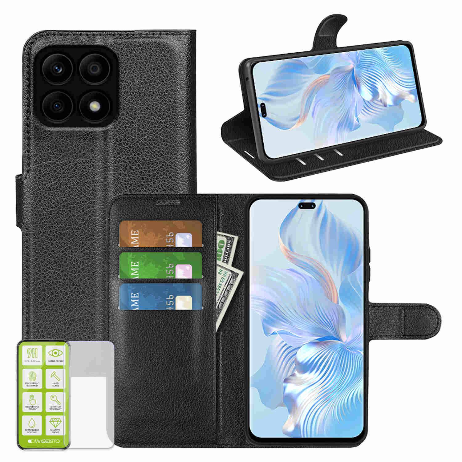 Für Honor X8b Book Wallet Handy Hülle Tasche Schwarz + H9 Hart Glas