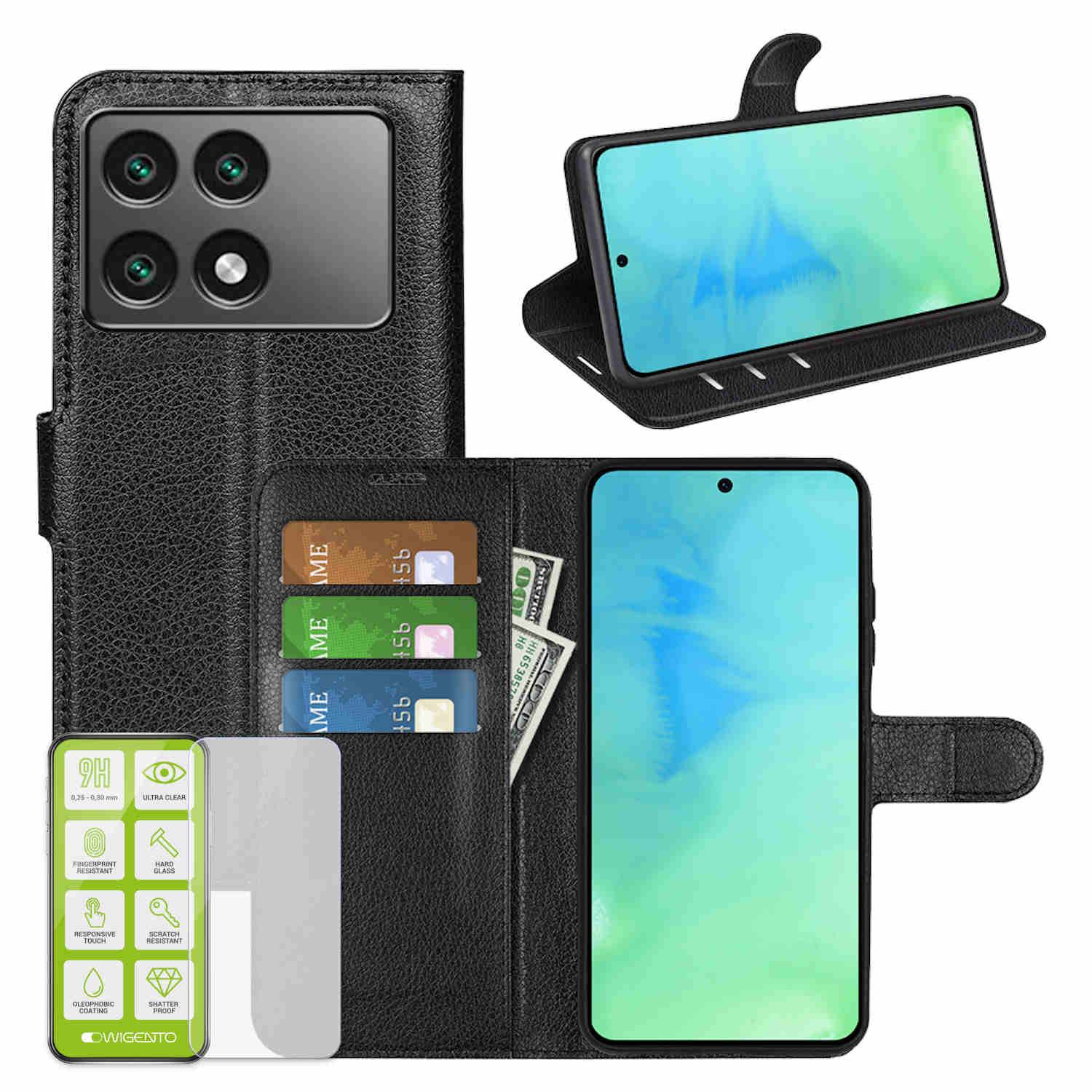 Für Xiaomi Redmi K70E / Poco X6 Pro Book Wallet Tasche + H9 Hart Glas