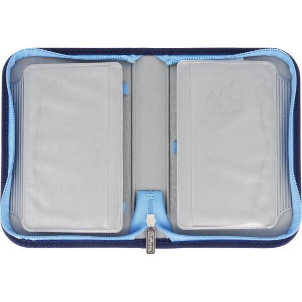Offene blaue Organizer-Tasche mit Reißverschluss mit zwei transparenten Fächern, von oben auf weißem Hintergrund fotografiert.
