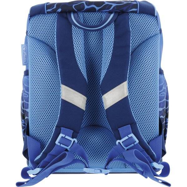 Blauer Kinderrucksack von hinten gezeigt, mit gepolsterten Mesh-Schultergurten, verstellbaren Schnallen und reflektierenden Seitenpaneelen.