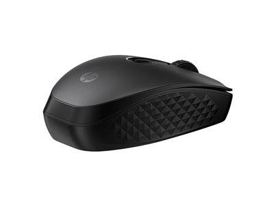 Eine schwarze kabellose Computermaus mit strukturierten Seiten, ausgestattet mit einem Scroll-Rad und einem Logo auf der Oberseite, entwickelt für ergonomisches Handling.