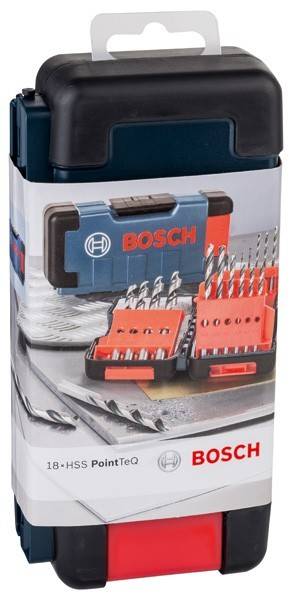 Ein Bohrersatz mit verschiedenen Größen wird in der Nähe einer Werkzeugkiste ausgestellt. Die Marke 'Bosch' ist sichtbar und deutet auf den Hersteller des Sets hin.