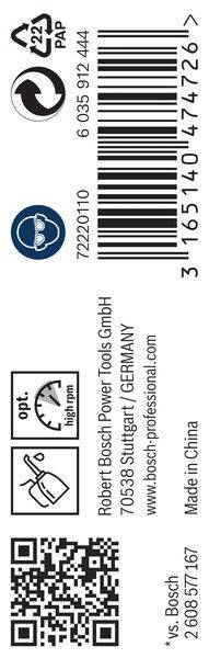 Bosch Power Tools GmbH, 722166, Stuttgart / DEUTSCHLAND' neben einem Strichcode. Darunter ein Symbol für hohe Umdrehungszahl mit 'opt.' und einem nach oben weisenden Pfeil.