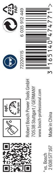 opt.'-Beschriftung mit Drehzahlregler und Hochlauf-Anzeige; Bosch Power Tools GmbH, Stuttgart, Deutschland, professionell. Barcode: 3165140617222.