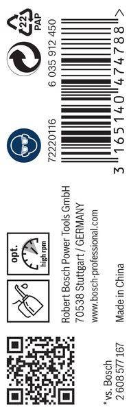 Ein Barcode mit Text: 'Bosch Power Tools GmbH' und 'Stuttgart / GERMANY'. Zeigt ein Icon mit der Beschriftung 'opt. hohe U/min'.