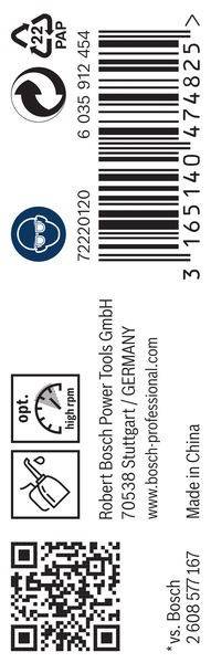 Ein Barcode mit dem Text 'Bosch Power Tools GmbH, Stuttgart / DEUTSCHLAND' und einer Anzeige, die 'opt. hohe U/min' anzeigt.