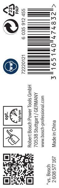 opt. hohe U/min' Messgerätsymbol, Bosch Power Tools GmbH Etikett, Stuttgart/Deutschland, Barcode und Website-Link.