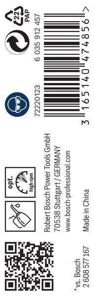 Bosch Power Tools GmbH' Logo und Text mit einem Barcode. 'Opt. hohe U/min' Messanzeige, die die optimale hohe Drehzahl anzeigt. 'Deutschland' erwähnt.