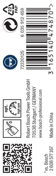 Bosch Power Tools GmbH, Stuttgart, Deutschland'. Blaues Symbol mit einem Schraubenschlüssel und einem Barcode an der Seite. Text lautet: 'opt. hohe U/min'.