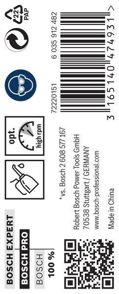 Etikett mit Bosch-Logo, optimaler Drehzahlmesser und Ölkannensymbol. Text lautet 'Bosch Elektrowerkzeuge GmbH' mit Kontaktdaten und 'China'.