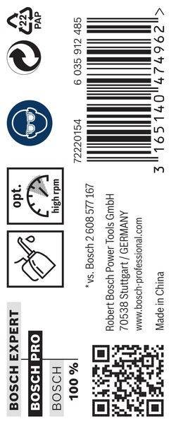 Eine Beschriftung, die den optimalen Drehzahlbereich und ein Werkzeug-Symbol zeigt, mit Details der Bosch Power Tools GmbH und Kontaktinformationen in kleiner Schrift.
