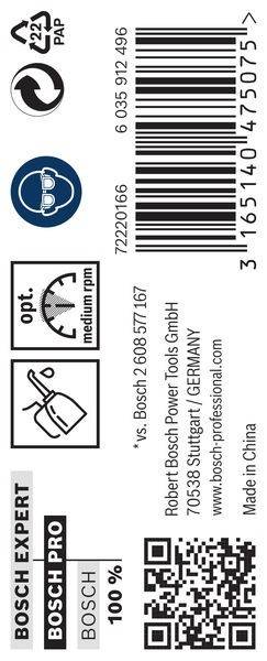Ein Etikett mit dem Hinweis 'optimale Mitteldrehzahl' und Icons eines Schraubers und eines Werkzeugs. Enthält Bosch Power Tools GmbH und Webseiteninformationen.