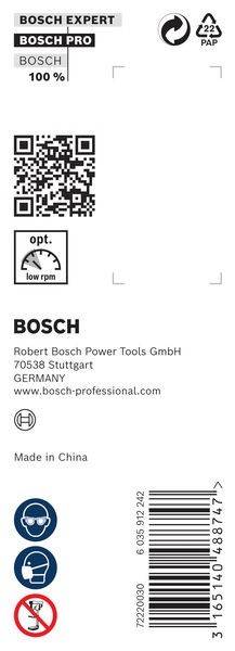 BOSCH' mit Unternehmensinformationen: Robert Bosch Power Tools GmbH, 70538 Stuttgart, Deutschland, www.bosch-professional.com, Drehzahlmesser-Symbol.