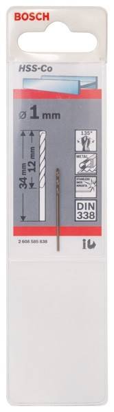 Ein Bohreretuikette, die einen 1,2 mm x 34 mm Metallbohrer zeigt, beschriftet für die Verwendung mit Edelstahl. Gekennzeichnet mit 'DIN 338'.