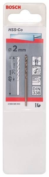 Bohreretikett mit einem 49 mm langen Bohrer und 29 mm Nutenlänge für Metall. Enthält Symbole für die Verwendung an Metall, Edelstahl, Kennzeichen und DIN 338 Standard.