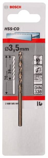 Metallbohrer, Länge 70 mm, Arbeitsbereich 39 mm, 135-Grad-Spitze, nach DIN 338-Norm, geeignet für Edelstahl, Produktdiagramm enthalten.