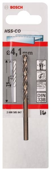 Ein Metallbohrer, der für Edelstahl konzipiert ist, mit einer Länge von 75 mm und einem Spitzenwinkel von 135 Grad, gekennzeichnet mit 'DIN 338'.