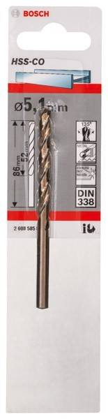 Ein Metallbohrer in Verpackung, beschriftet mit Abmessungen und Norm 'DIN 338'.
