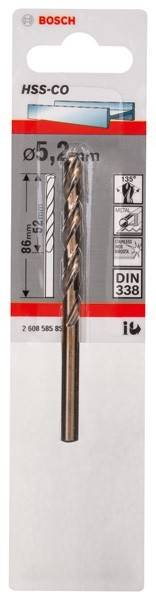 Eine Nahaufnahme eines Metallbohrers in Verpackung, beschriftet mit „DIN 338