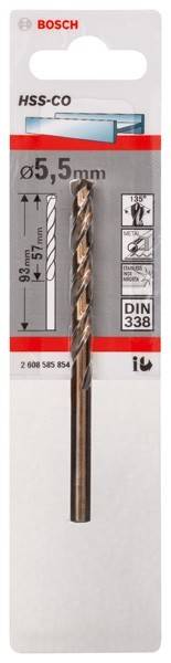 Ein Nahaufnahme einer Metallbohrer-Verpackung mit der Größenangabe '5 mm', Gesamtlänge '93 mm' und weiteren Spezifikationen für Edelstahl und Inox.