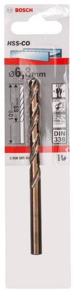 Nahaufnahme eines Bohrers in Verpackung mit Anzeige der Abmessungen, Materialkompatibilität und Standards, mit der Kennzeichnung ‚DIN 338' und Benutzer-Symbolen.