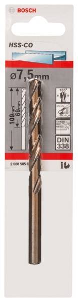 Eine Nahaufnahme eines Bohrers in seiner Verpackung mit sichtbaren Spezifikationen: Länge 109 mm, mit DIN 338 Standard gekennzeichnet.