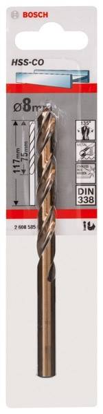 Ein Metallbohrer mit den Abmessungen '11,5 mm' dargestellt. Als rostfrei gekennzeichnet, nach DIN 338 Norm. Teilenummer '2 608 585'.