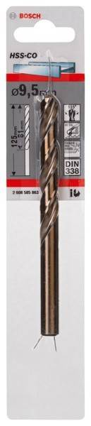 Eine Nahaufnahme eines Metallbohrers in seiner Verpackung. Die Verpackung zeigt Produktdetails mit den Zahlen '338' und '2 608 595 863', die deutlich sichtbar sind.