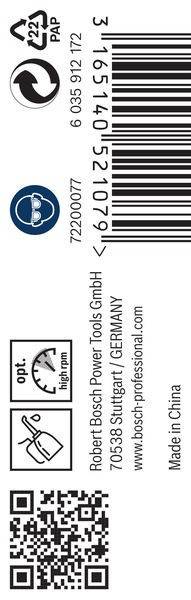 722006' Barcode und Text 'Bosch Power Tools GmbH, Stuttgart/DEUTSCHLAND, bosch-professional.com', vertikal dargestellt mit Logo.